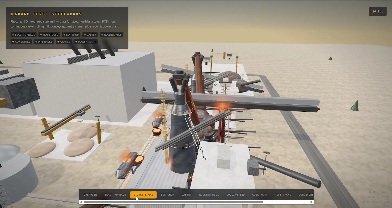Three.js industrial steel plant generated by DeepSeek V4 Flash